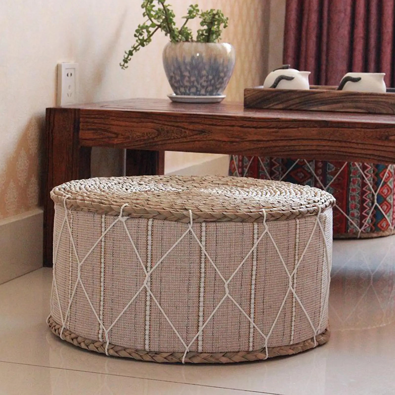 Woven Straw Pouf
