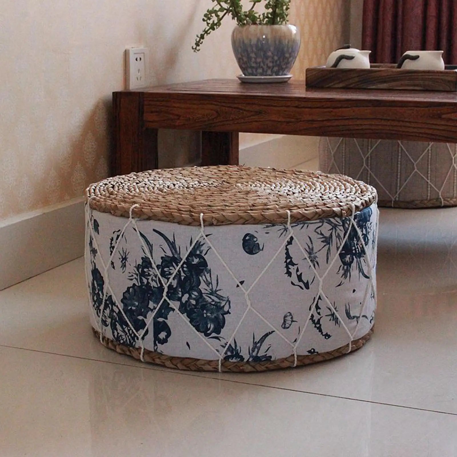 Woven Straw Pouf